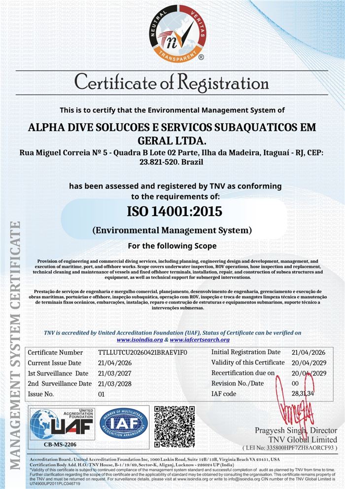 Certificado ISO 14001:2015 - Alpha Dive