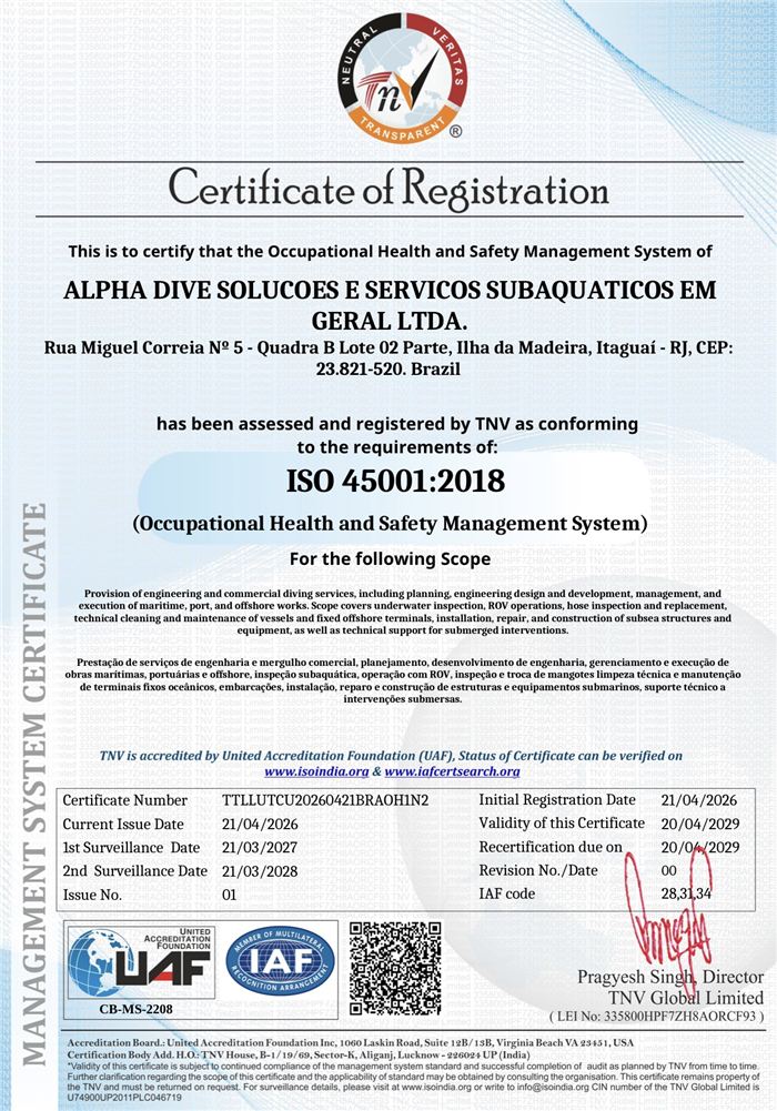 Certificado ISO 45001:2018 - Alpha Dive