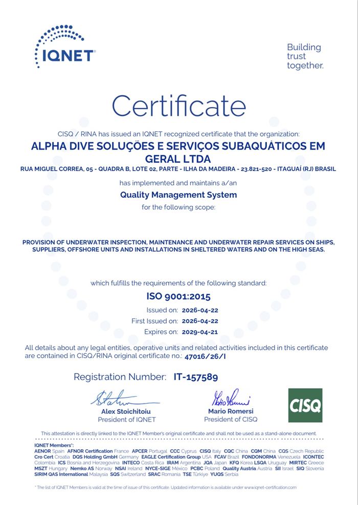Certificado IQNET - Alpha Dive